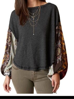 WE THE FREE Free People Gray Thermal Blossom Billow Paisley Boho Sleeves Top XS